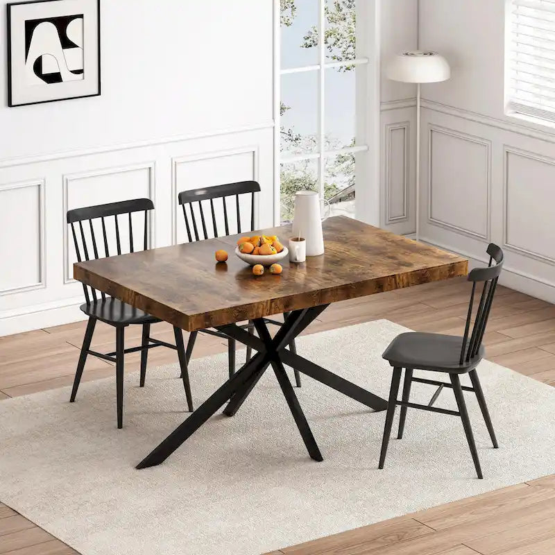Retro Rectangular Extendable Dining Table with Black Embossed Iron Legs