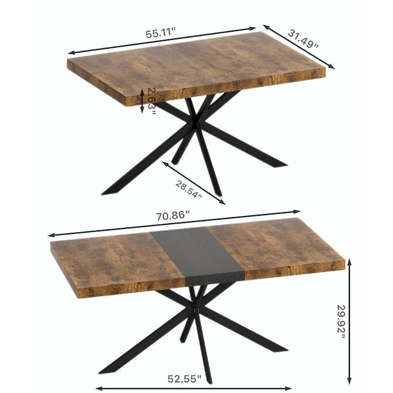 Retro Rectangular Extendable Dining Table with Black Embossed Iron Legs