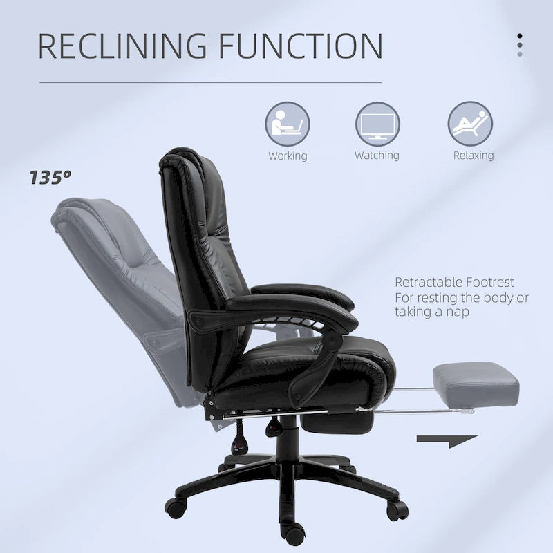 Executive Home Office Chair Padded High Back PU Leather Recliner with Retractable Footrest, Adjustable Height, Black