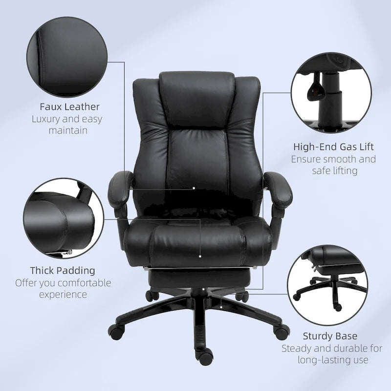 Executive Home Office Chair Padded High Back PU Leather Recliner with Retractable Footrest, Adjustable Height, Black
