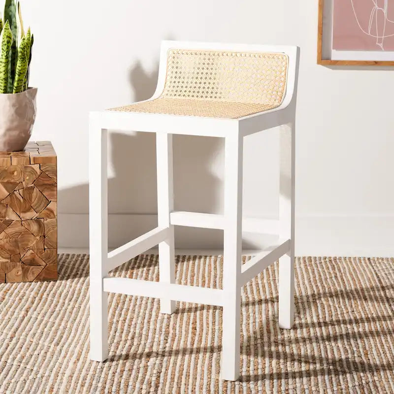 Low Back Cane Rattan Counter Stool with Beech Wood Frame