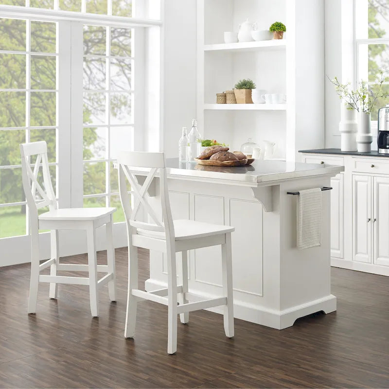 Stainless Steel Kitchen Island with Two X-Back Counter Stools