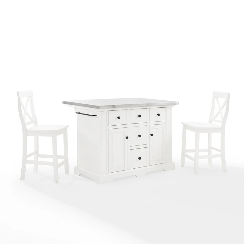 Stainless Steel Kitchen Island with Two X-Back Counter Stools