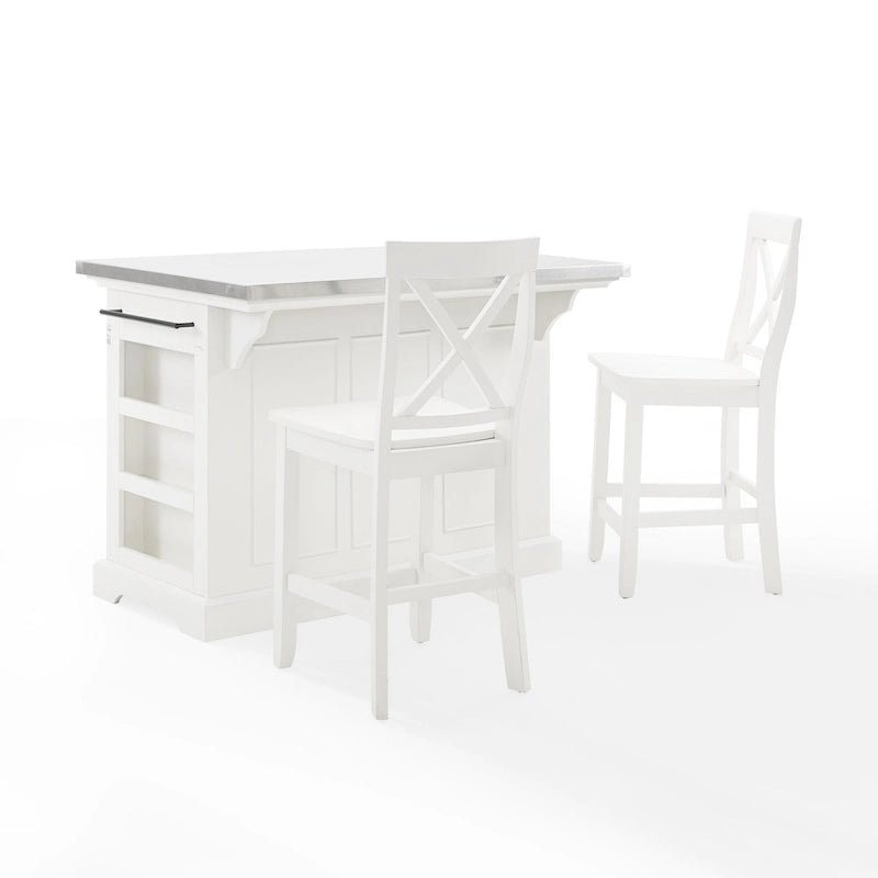 Stainless Steel Kitchen Island with Two X-Back Counter Stools