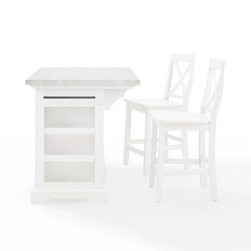 Stainless Steel Kitchen Island with Two X-Back Counter Stools