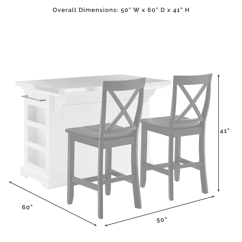 Stainless Steel Kitchen Island with Two X-Back Counter Stools