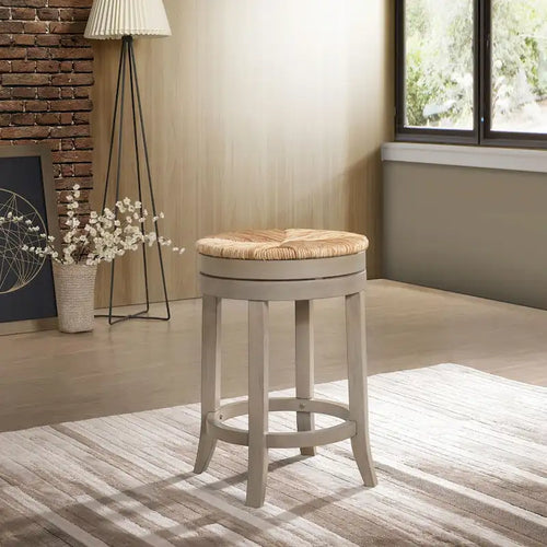 24-Inch Swivel Counter Stool with Hand-Woven Rush Seat Gray Beige