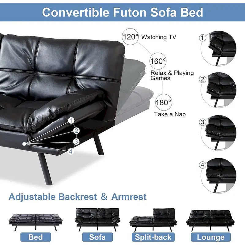 Futon Sofa Bed, Faux Leather Memory Foam Couch Futon Sets, Convertible Sofa Daybed, Love seat Sofa Bed for Small Space
