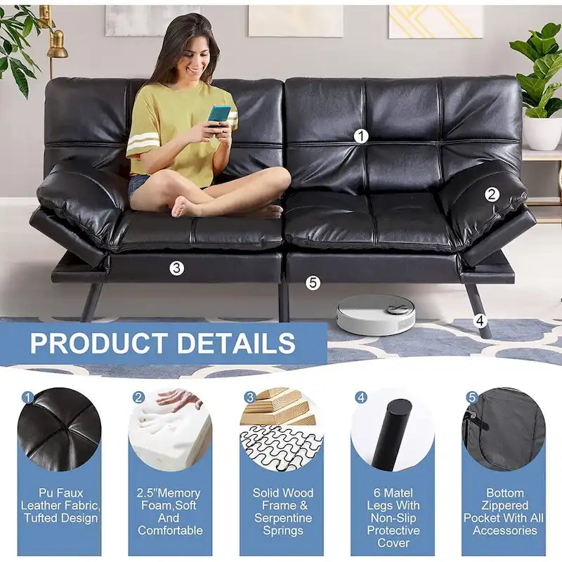 Futon Sofa Bed, Faux Leather Memory Foam Couch Futon Sets, Convertible Sofa Daybed, Love seat Sofa Bed for Small Space