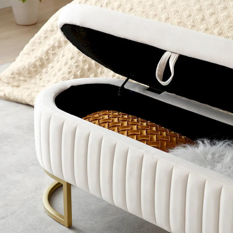 Storage Bench Bedroom Bench, Velvet Oval Upholstered End of Bed Bench with Golden Metal Legs, 50 Storage Ottoman Bench