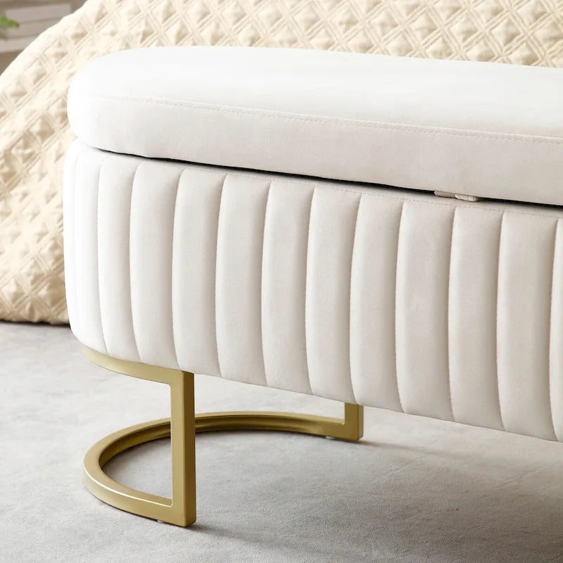 Storage Bench Bedroom Bench, Velvet Oval Upholstered End of Bed Bench with Golden Metal Legs, 50 Storage Ottoman Bench