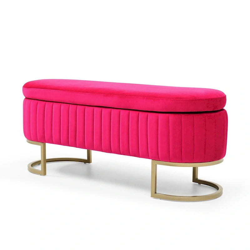 Storage Bench Bedroom Bench, Velvet Oval Upholstered End of Bed Bench with Golden Metal Legs, 50 Storage Ottoman Bench