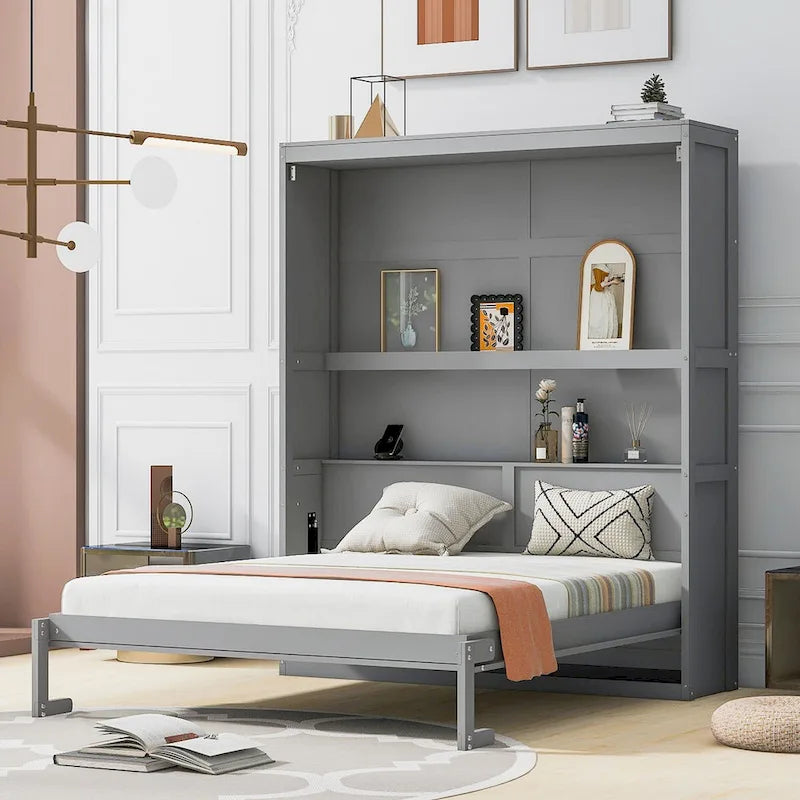 Queen Size Murphy Wall Bed with Two-Layer Cabinet and Mattress Holder