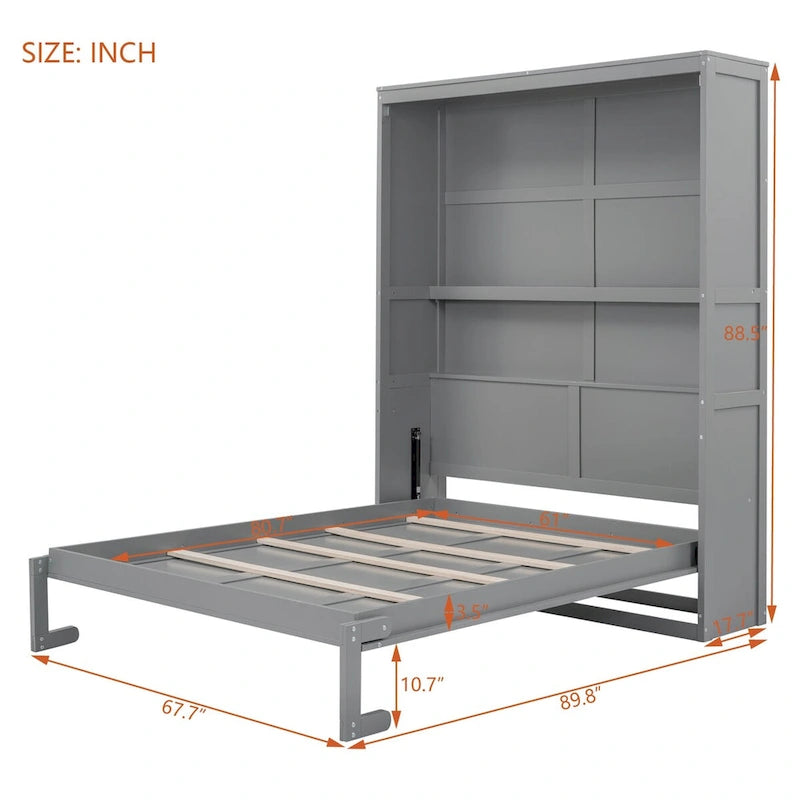 Queen Size Murphy Wall Bed with Two-Layer Cabinet and Mattress Holder