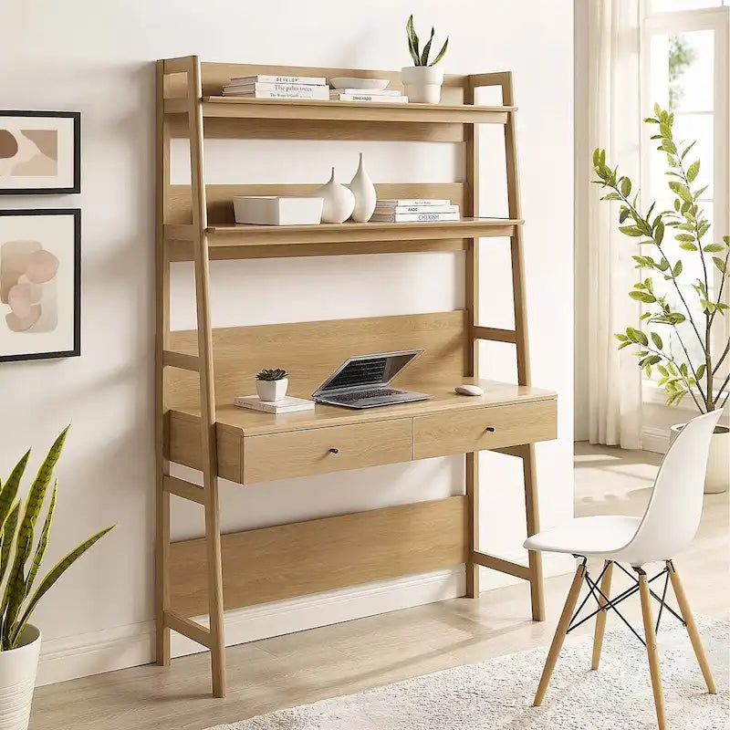 Modern Wood Grain Office Desk with Bookshelf and Drawers