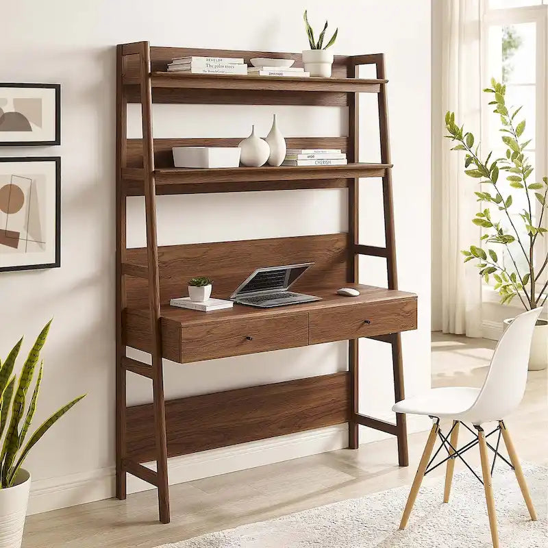 Modern Wood Grain Office Desk with Bookshelf and Drawers