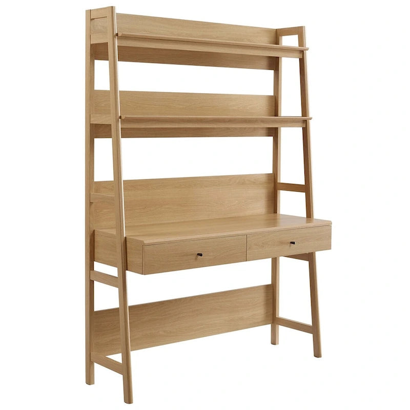 Modern Wood Grain Office Desk with Bookshelf and Drawers