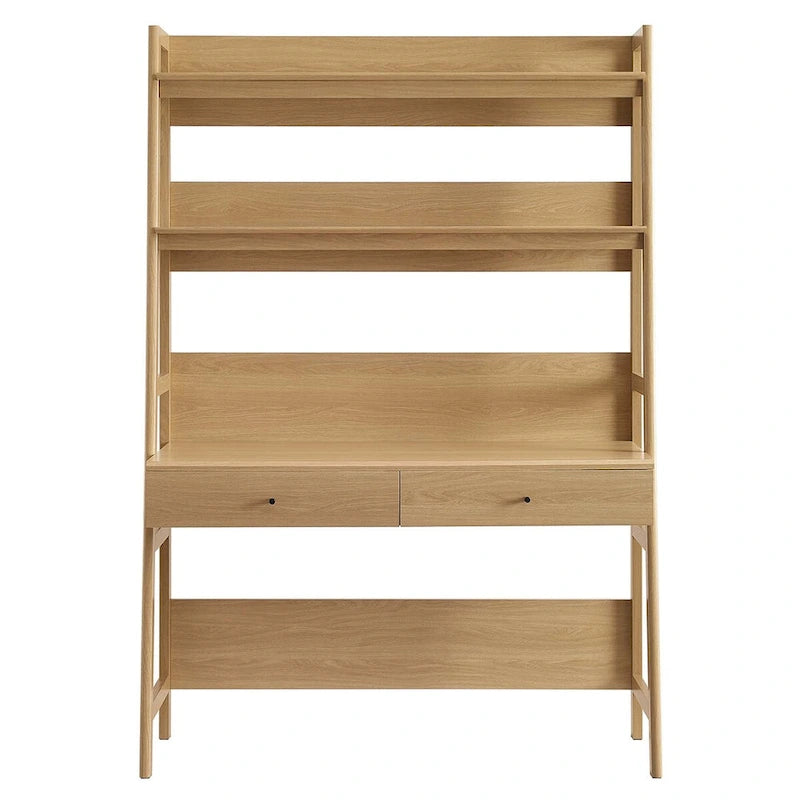 Modern Wood Grain Office Desk with Bookshelf and Drawers