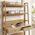 Modern Wood Grain Office Desk with Bookshelf and Drawers