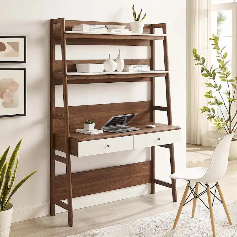 Modern Wood Grain Office Desk with Bookshelf and Drawers