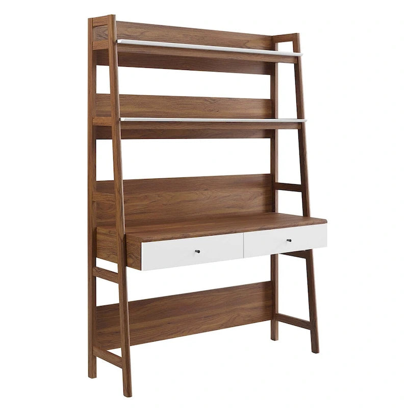 Modern Wood Grain Office Desk with Bookshelf and Drawers