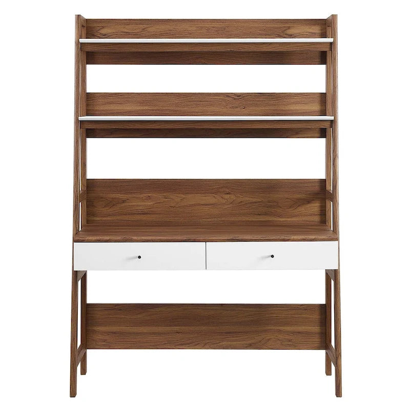 Modern Wood Grain Office Desk with Bookshelf and Drawers