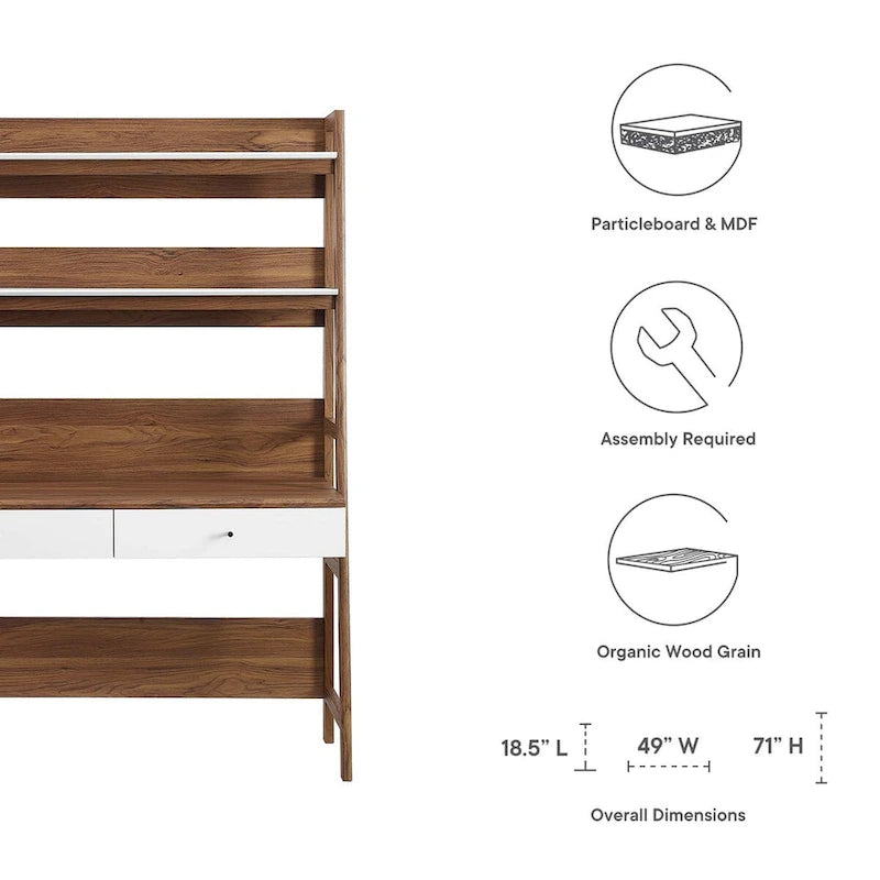Modern Wood Grain Office Desk with Bookshelf and Drawers