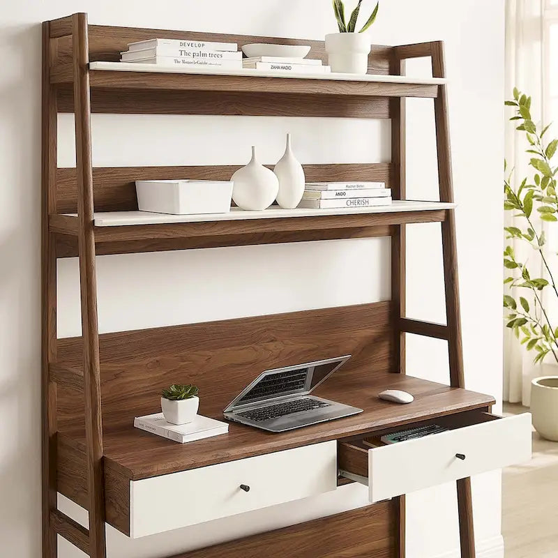Modern Wood Grain Office Desk with Bookshelf and Drawers