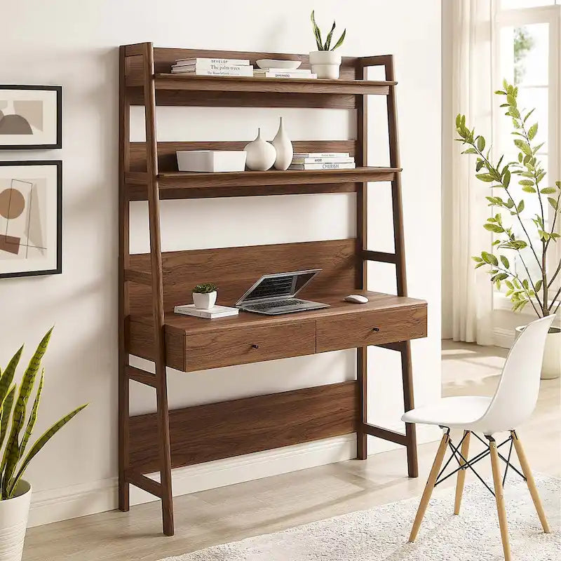 Modern Wood Grain Office Desk with Bookshelf and Drawers
