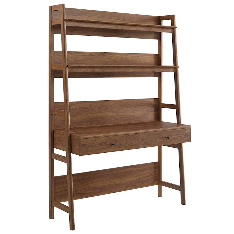 Modern Wood Grain Office Desk with Bookshelf and Drawers
