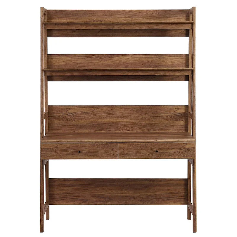 Modern Wood Grain Office Desk with Bookshelf and Drawers