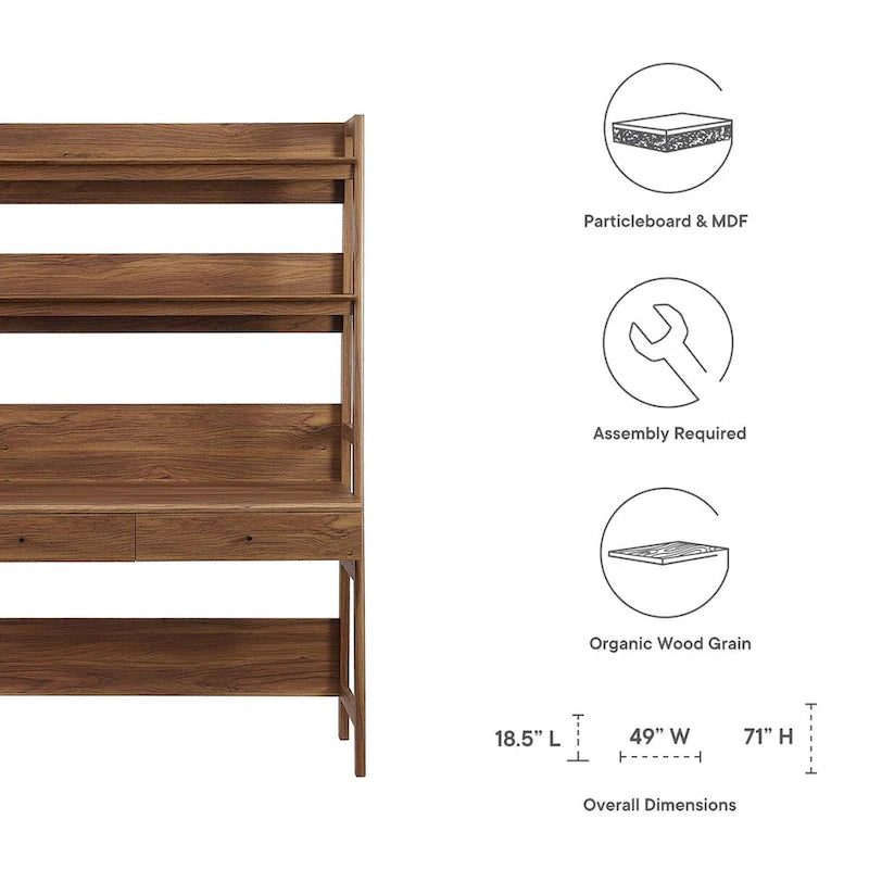 Modern Wood Grain Office Desk with Bookshelf and Drawers