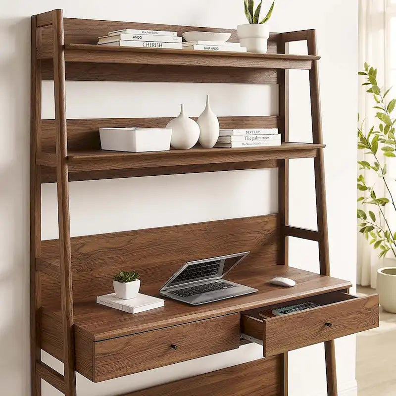 Modern Wood Grain Office Desk with Bookshelf and Drawers