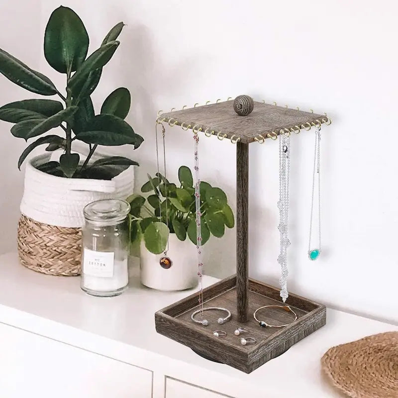 Wooden Rotating Jewelry Display Tower with Necklace Hooks