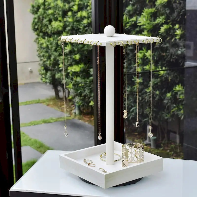 Wooden Rotating Jewelry Display Tower with Necklace Hooks