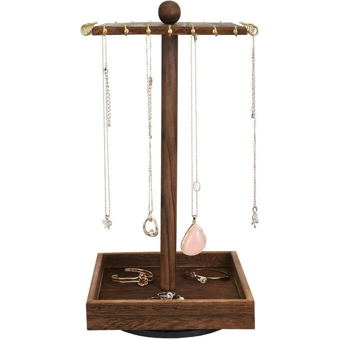 Wooden Rotating Jewelry Display Tower with Necklace Hooks
