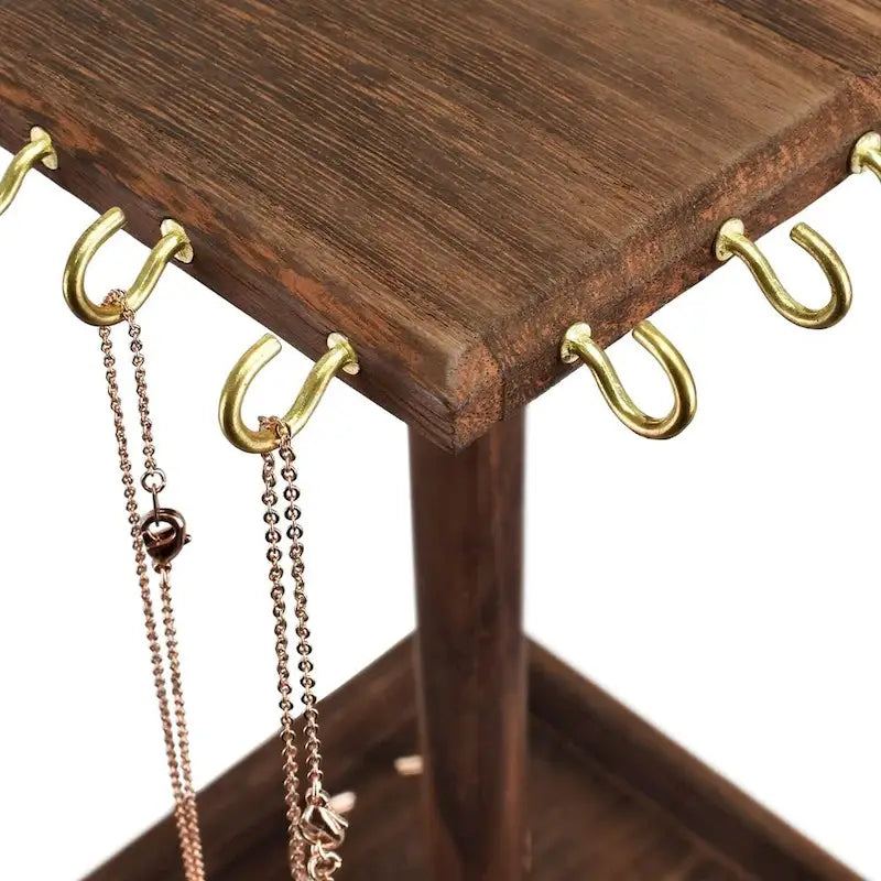 Wooden Rotating Jewelry Display Tower with Necklace Hooks