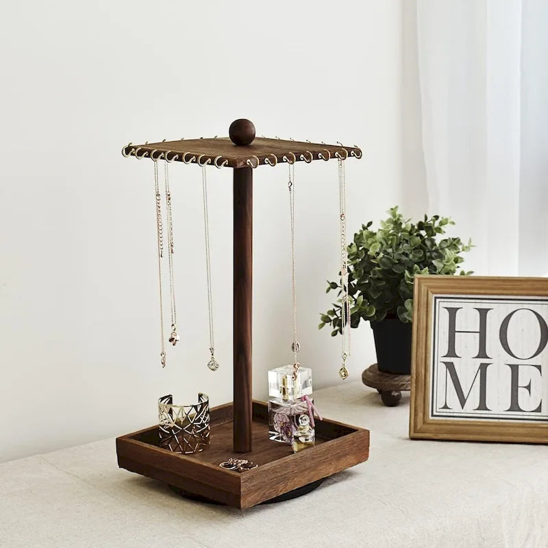 Wooden Rotating Jewelry Display Tower with Necklace Hooks