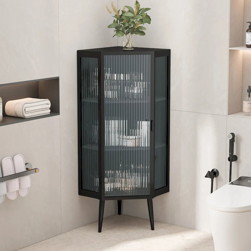 Floor Coner Cabinet, 3 Tiers with Tempered Glass Doors and Storage Shelves