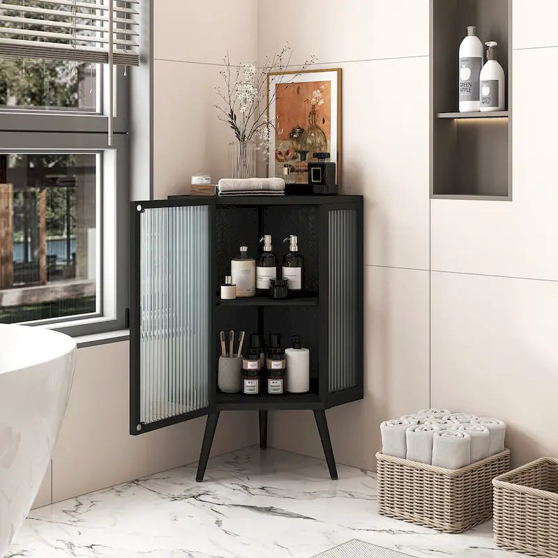 Floor Coner Cabinet, 3 Tiers with Tempered Glass Doors and Storage Shelves