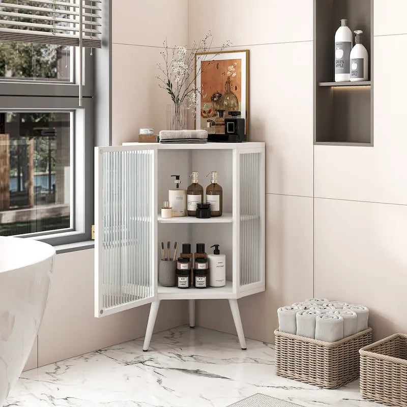 Floor Coner Cabinet, 3 Tiers with Tempered Glass Doors and Storage Shelves