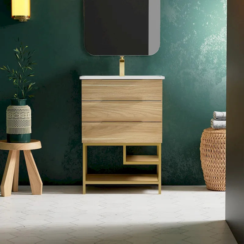24-Inch Mid-Century Modern Freestanding Bathroom Vanity in Oak