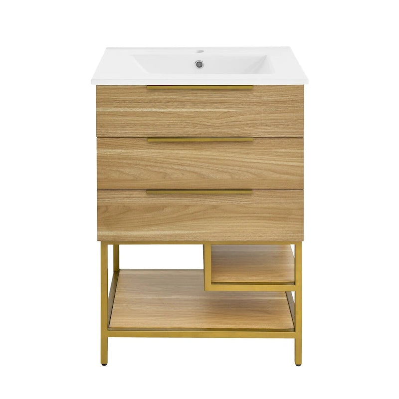 24-Inch Mid-Century Modern Freestanding Bathroom Vanity in Oak