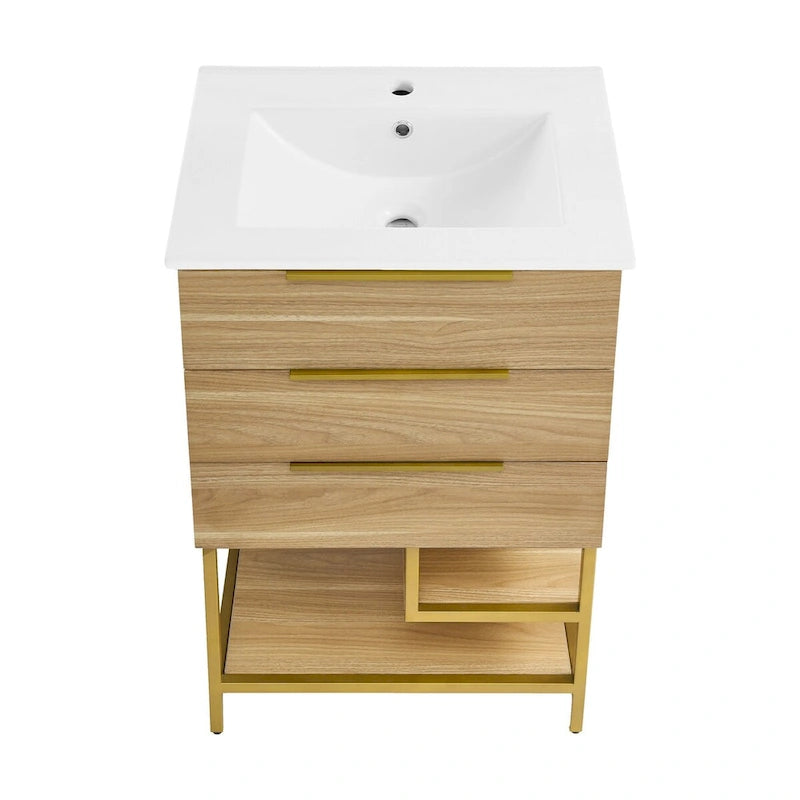 24-Inch Mid-Century Modern Freestanding Bathroom Vanity in Oak