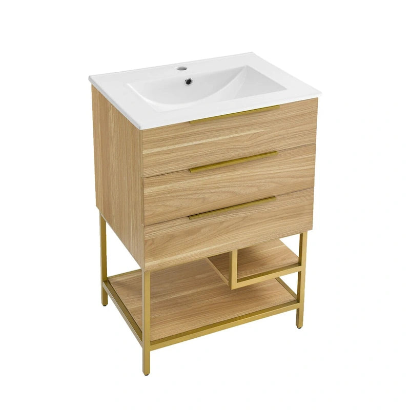 24-Inch Mid-Century Modern Freestanding Bathroom Vanity in Oak