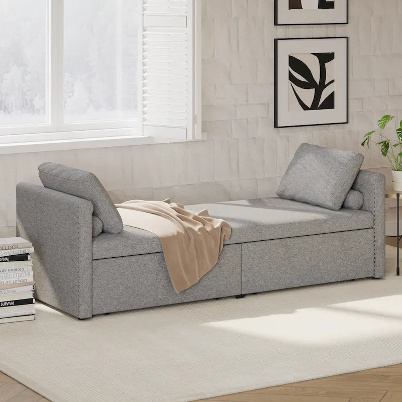 Modern Linen Chaise Lounger Daybed with 2 Storage Drawers Gray