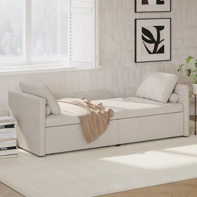 Modern Linen Chaise Lounger Daybed with 2 Storage Drawers Gray
