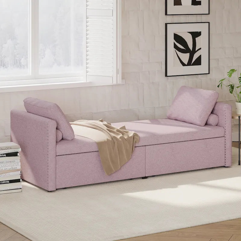 Modern Linen Chaise Lounger Daybed with 2 Storage Drawers Gray