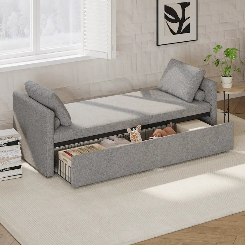 Modern Linen Chaise Lounger Daybed with 2 Storage Drawers Gray