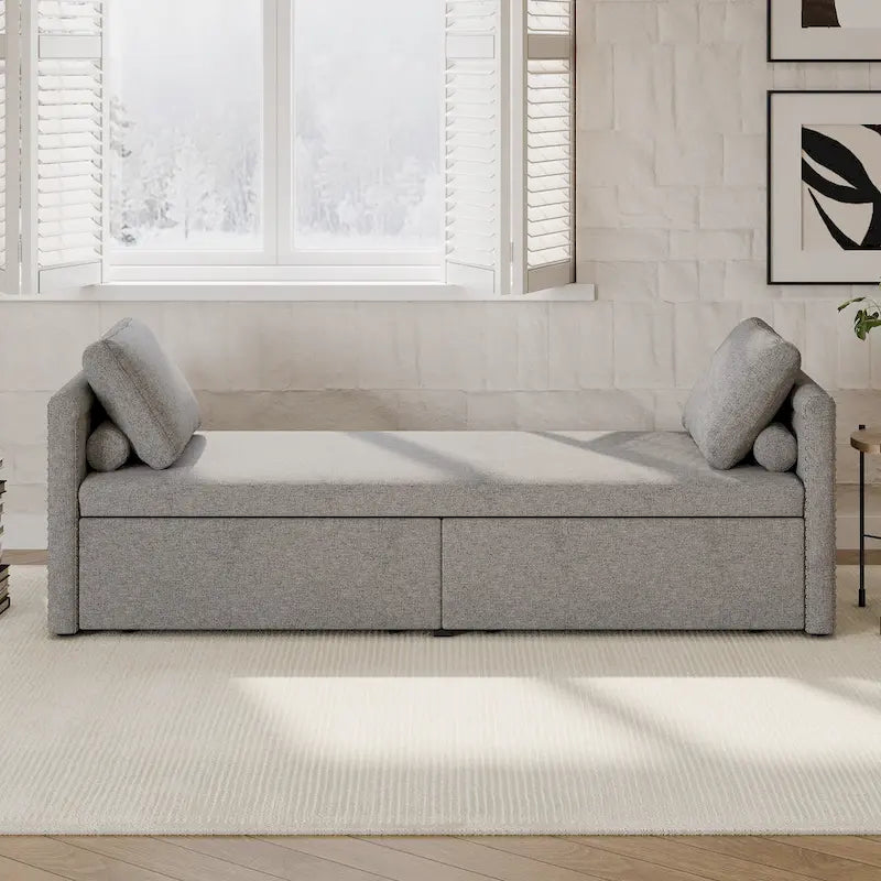 Modern Linen Chaise Lounger Daybed with 2 Storage Drawers Gray